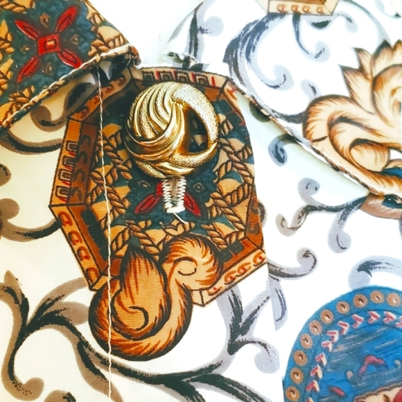 VINTAGE BLOUSE SHIRT LONG SLEEVE SZ 14 GOLD BEIGE BROWN GREEN RED BRASS BUTTONS - Picture 9 of 13